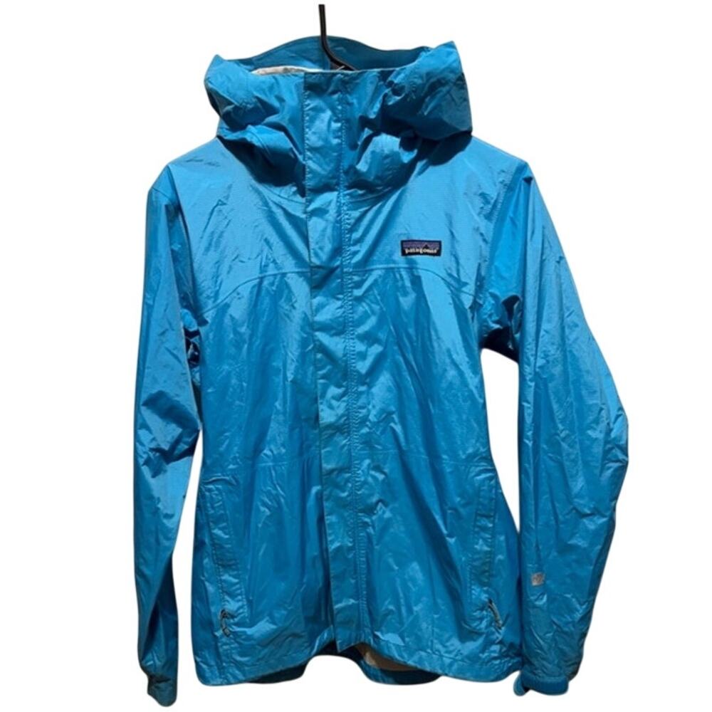 Patagonia Womens Medium Blue Hooded Rain Jacket Lightweight Shell READ